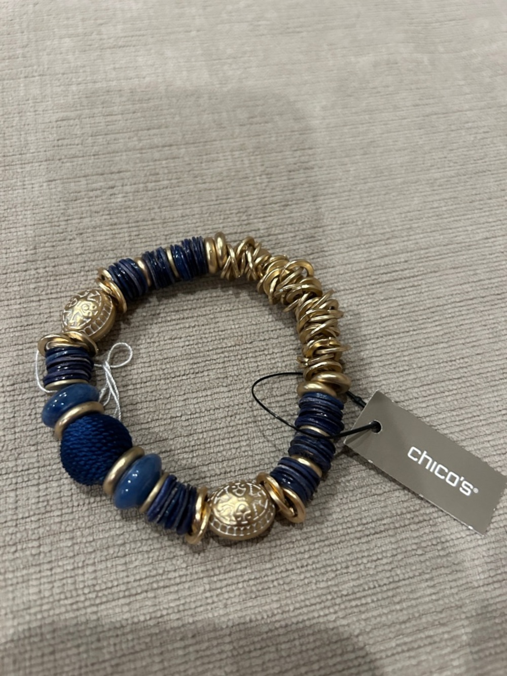 Chico's Navy and Gold Mixed-Bead Stretch Bracelet